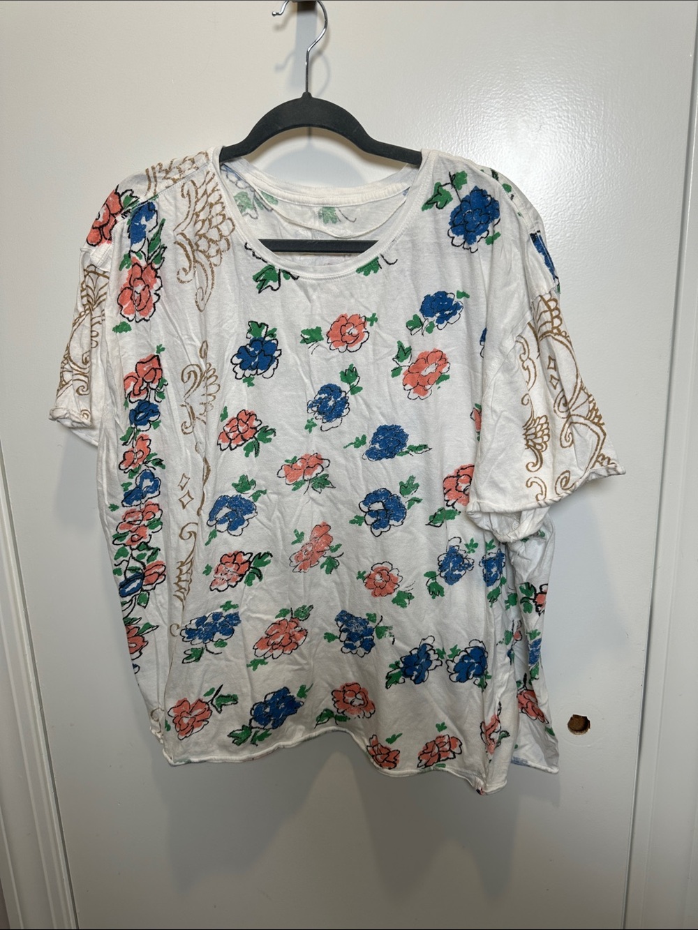 We The Free White Floral Tee with Blue, Coral and Green Accents (61)